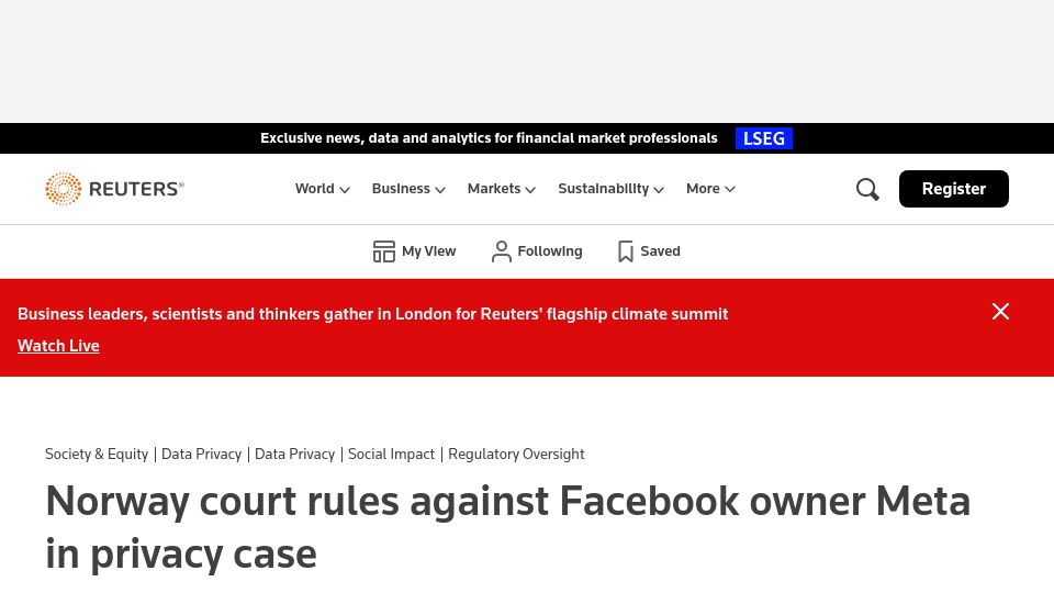 Screenshot of reuters.com: Norway court rules against Facebook owner Meta in privacy case