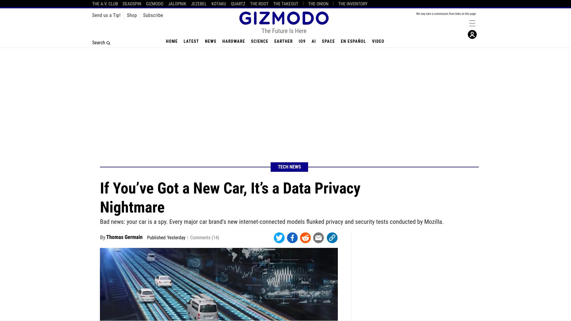 Screenshot of gizmodo.com: Internet-connected cars fail privacy and security tests conducted by Mozilla