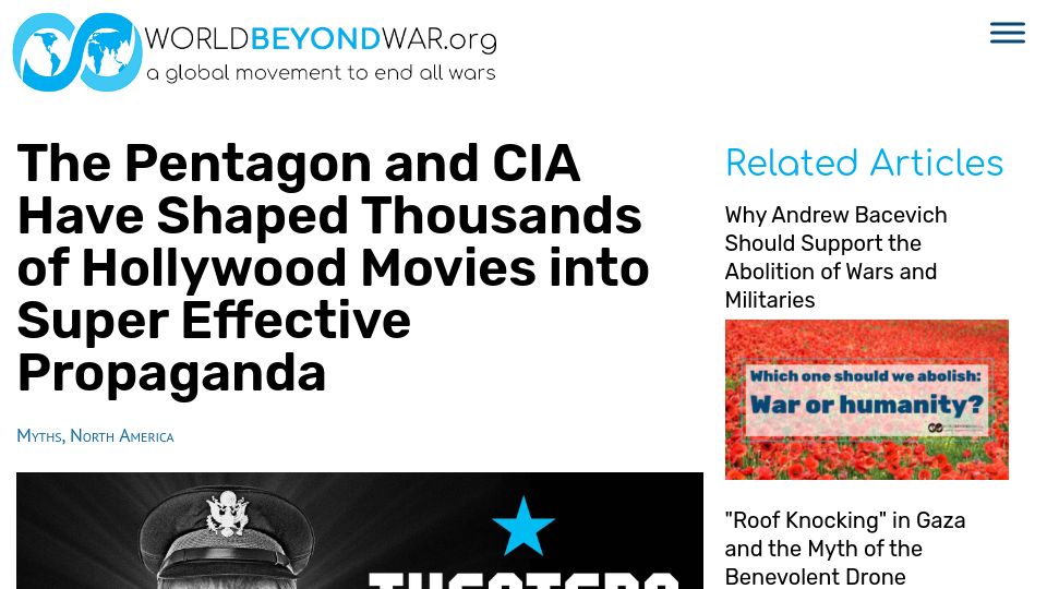 Screenshot of worldbeyondwar.org: The Pentagon and CIA have shaped thousands of movies into effective propaganda
