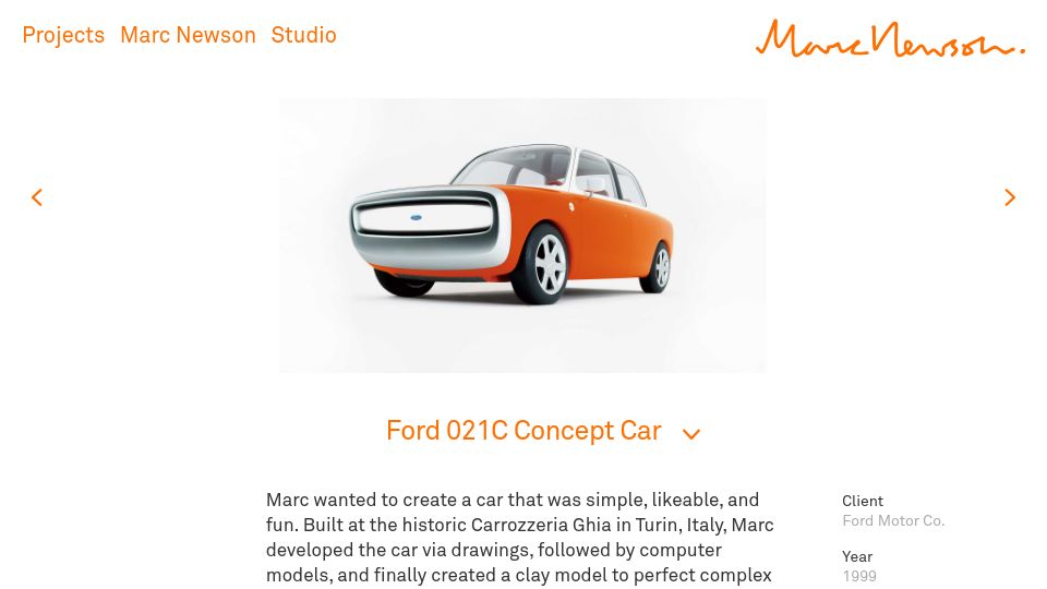 Screenshot of marc-newson.com: Ford 021C Concept Car (1999)