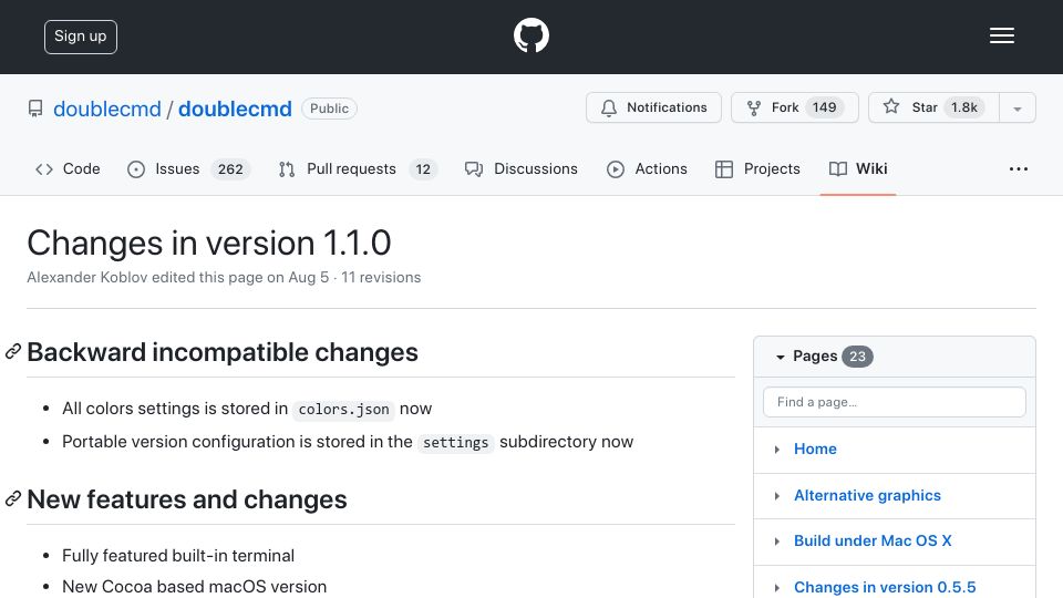 Screenshot of github.com: Double Commander – Changes in version 1.1.0