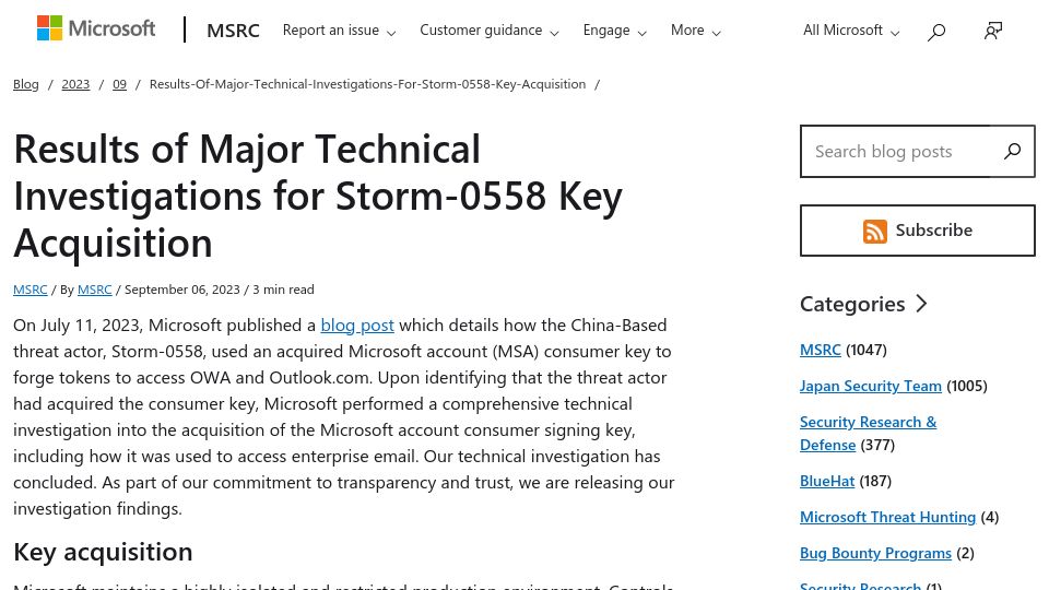 Screenshot of msrc.microsoft.com: Results of technical investigations for Storm-0558 key acquisition