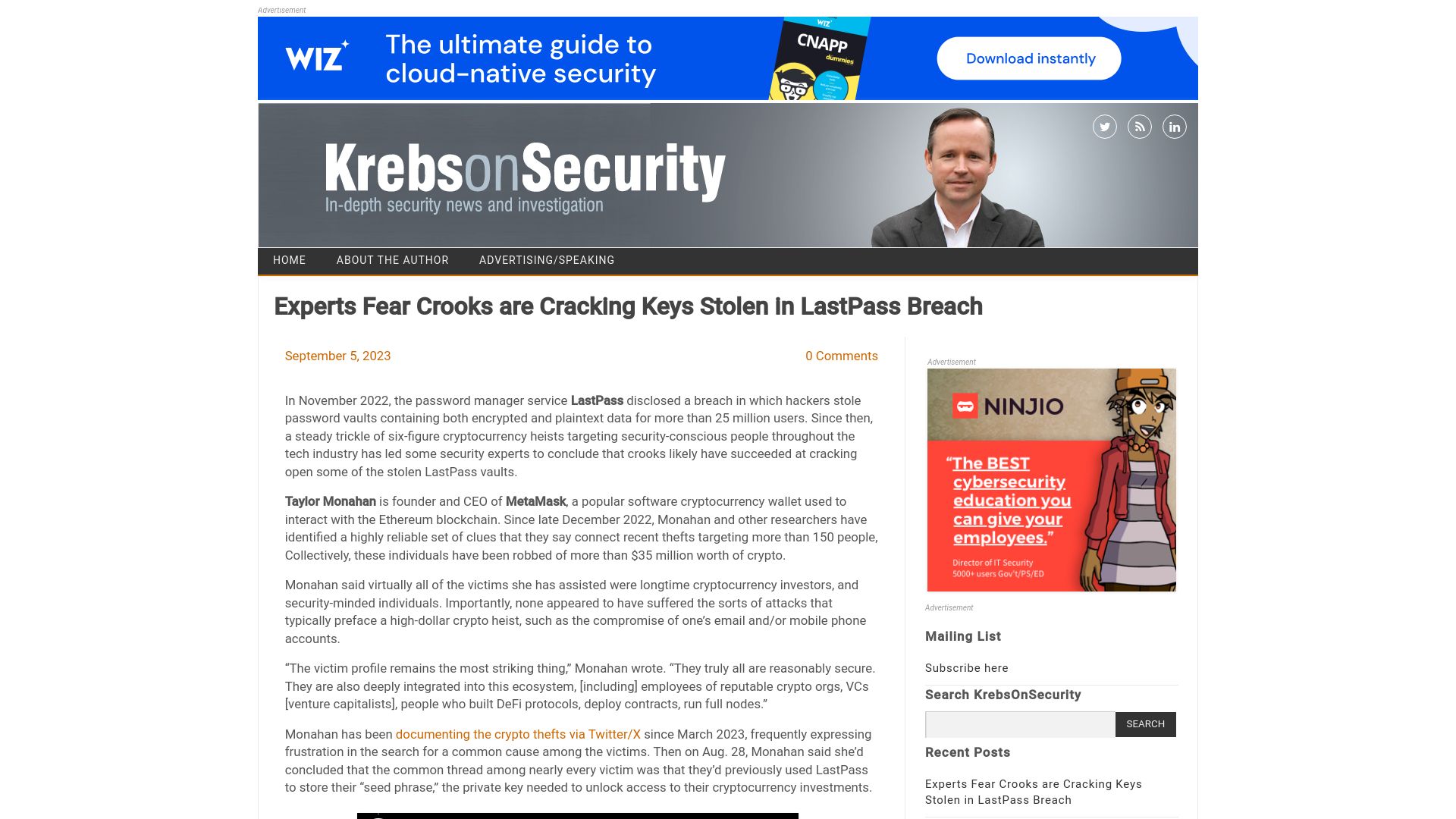 Screenshot of krebsonsecurity.com: Experts fear crooks are cracking keys stolen in LastPass breach