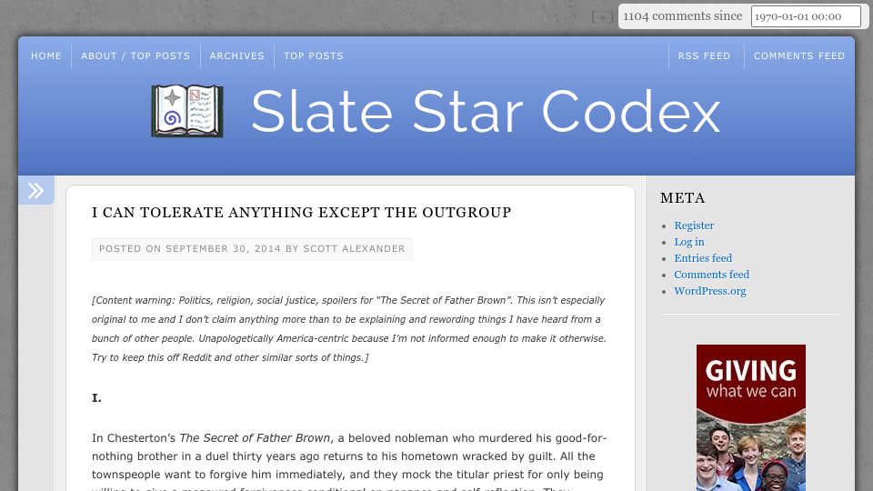 Screenshot of slatestarcodex.com: I can tolerate anything except the outgroup (2014)