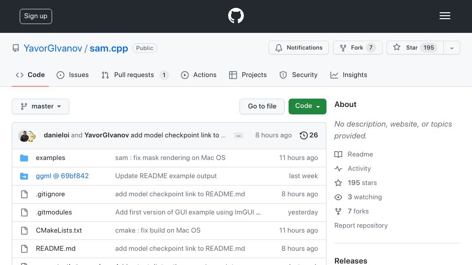 Screenshot of github.com: Meta's Segment Anything written with C++ / GGML
