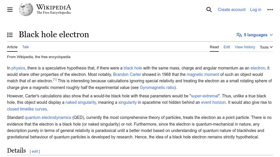Screenshot of en.wikipedia.org: Black Hole Electron
