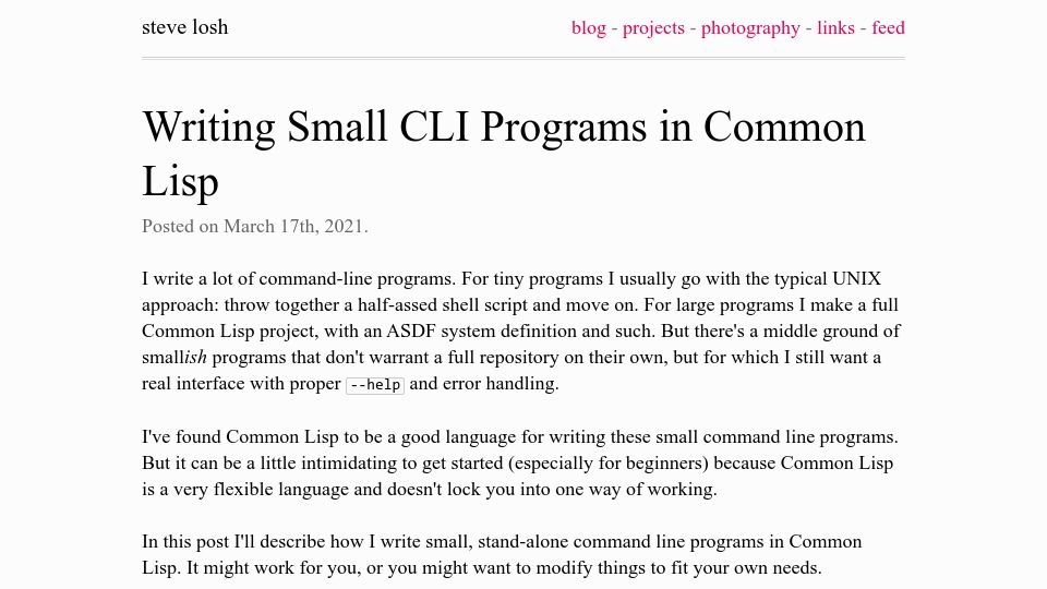 Screenshot of stevelosh.com: Writing Small CLI Programs in Common Lisp (2021)