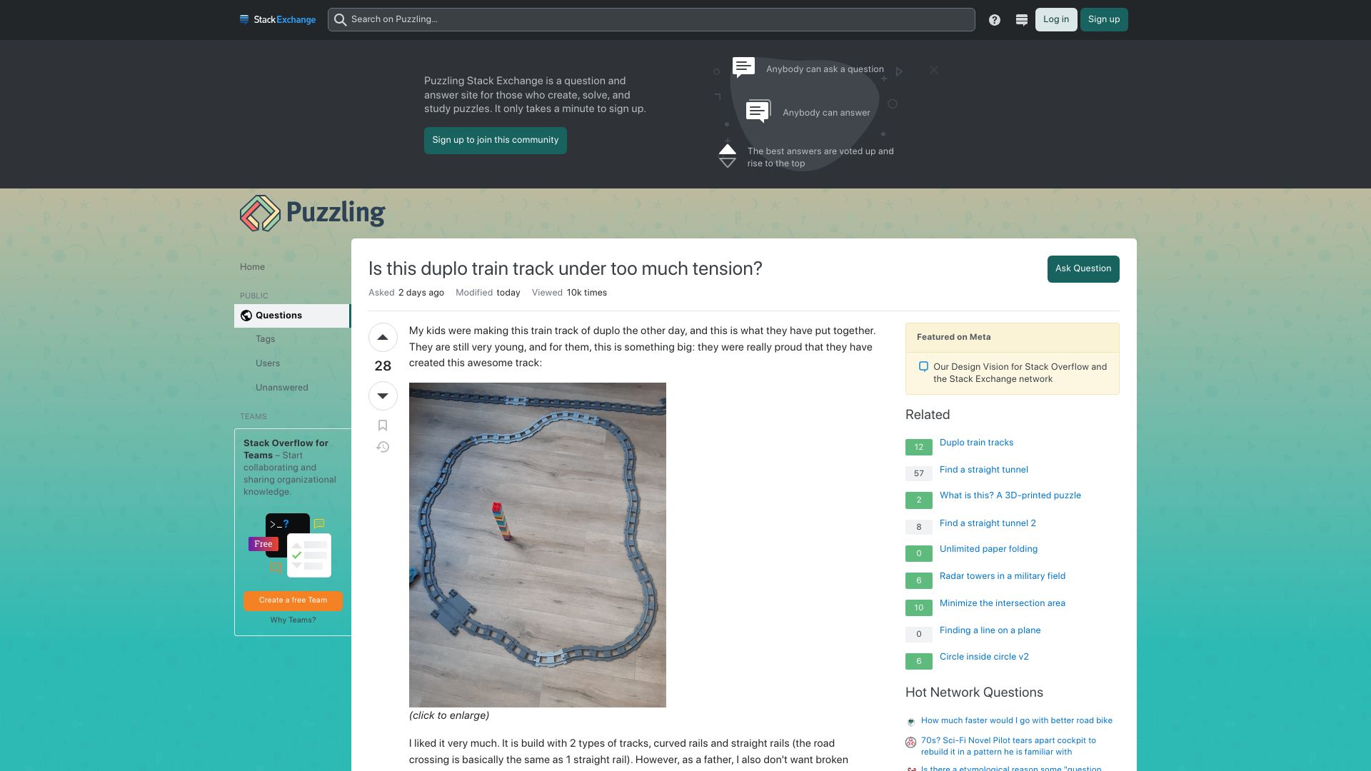 Screenshot of puzzling.stackexchange.com: Is this Duplo train track under too much tension?