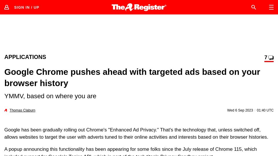 Screenshot of theregister.com: Google Chrome pushes browser history-based ad targeting