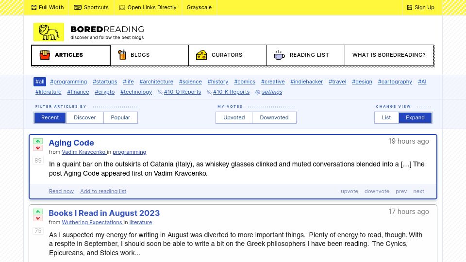 Screenshot of boredreading.com: Show HN: A better way to read blogs