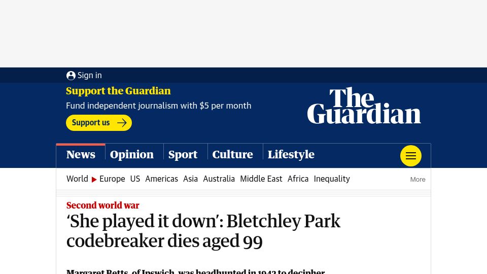 Screenshot of theguardian.com: Bletchley Park codebreaker Margaret Betts has died
