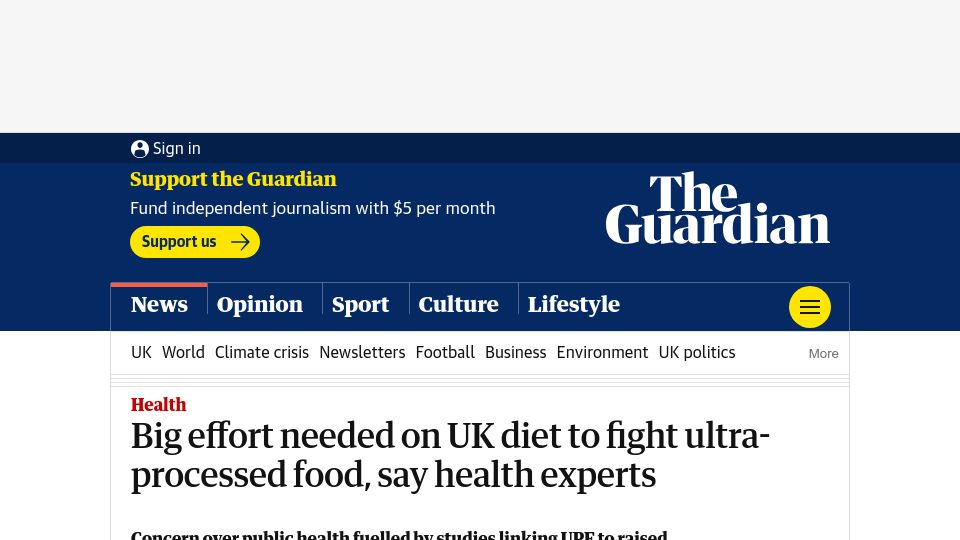 Screenshot of theguardian.com: Big effort needed on UK diet to fight ultra-processed food, say health experts