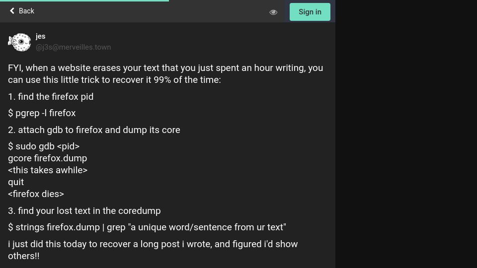 Screenshot of merveilles.town: When a website erases your text you can use this trick to recover it