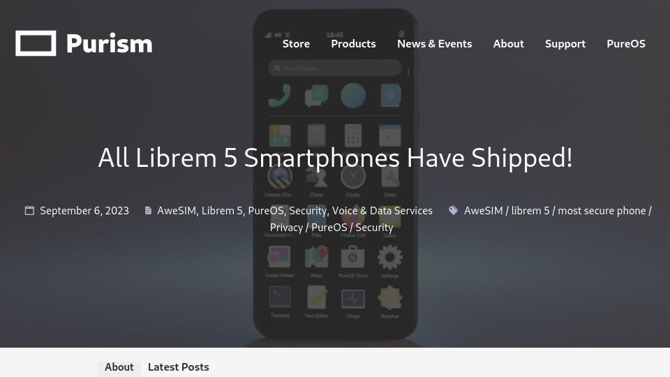 Screenshot of puri.sm: All Librem 5 smartphones have shipped