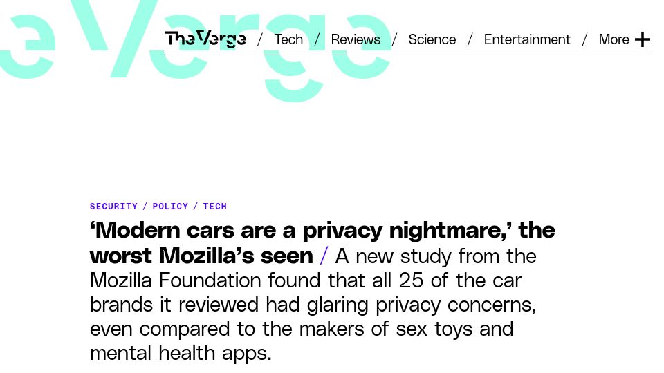 Screenshot of theverge.com: ‘Modern cars are a privacy nightmare,’ the worst Mozilla’s seen