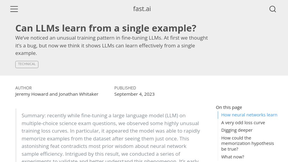 Screenshot of fast.ai: Can LLMs learn from a single example?