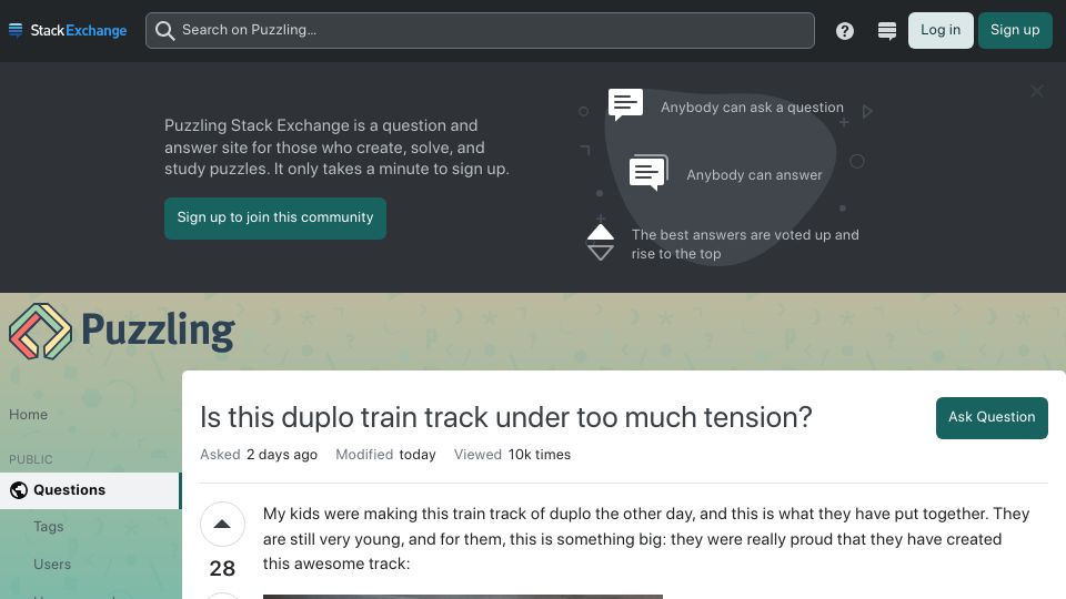 Screenshot of puzzling.stackexchange.com: Is this Duplo train track under too much tension?