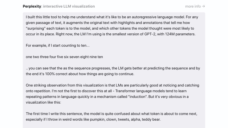 Screenshot of perplexity.vercel.app: Show HN: Fully client-side GPT2 prediction visualizer