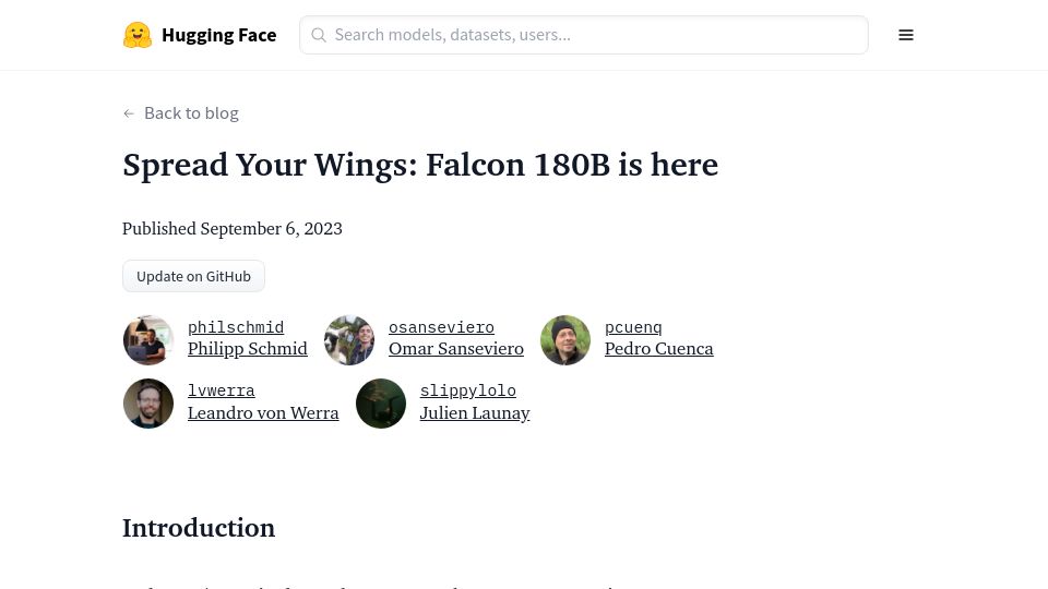 Screenshot of huggingface.co: Falcon 180B