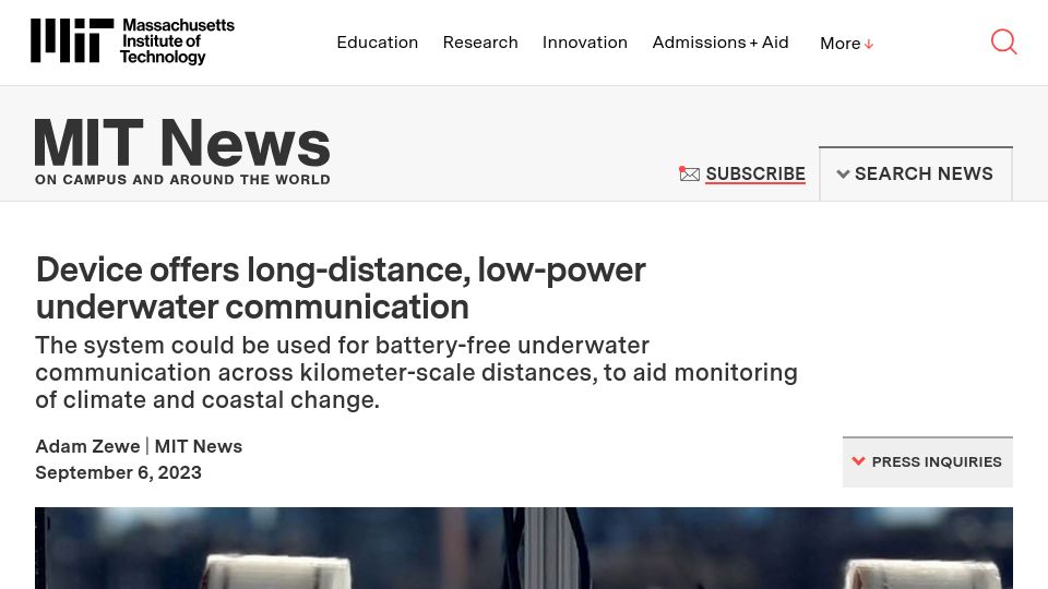 Screenshot of news.mit.edu: Device offers long-distance, low-power underwater communication