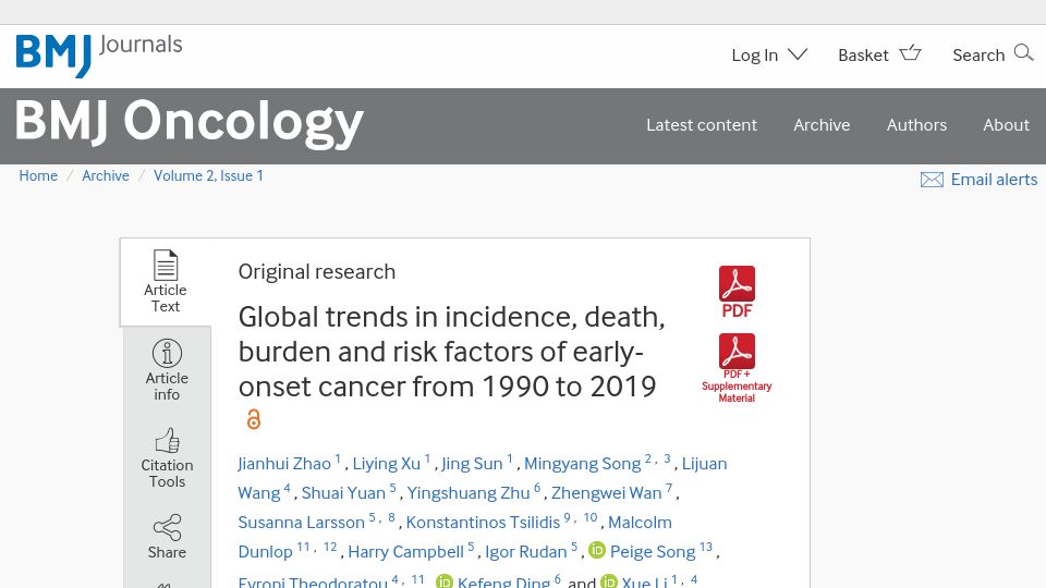 Screenshot of bmjoncology.bmj.com: Global trends in incidence, death, burden and risk factors of early-onset cancer
