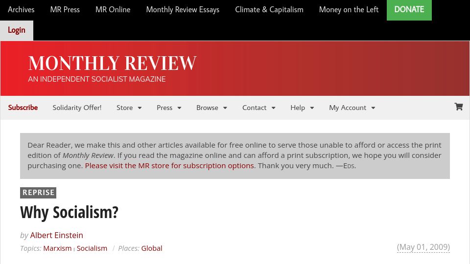 Screenshot of monthlyreview.org: Why Socialism? (1949)
