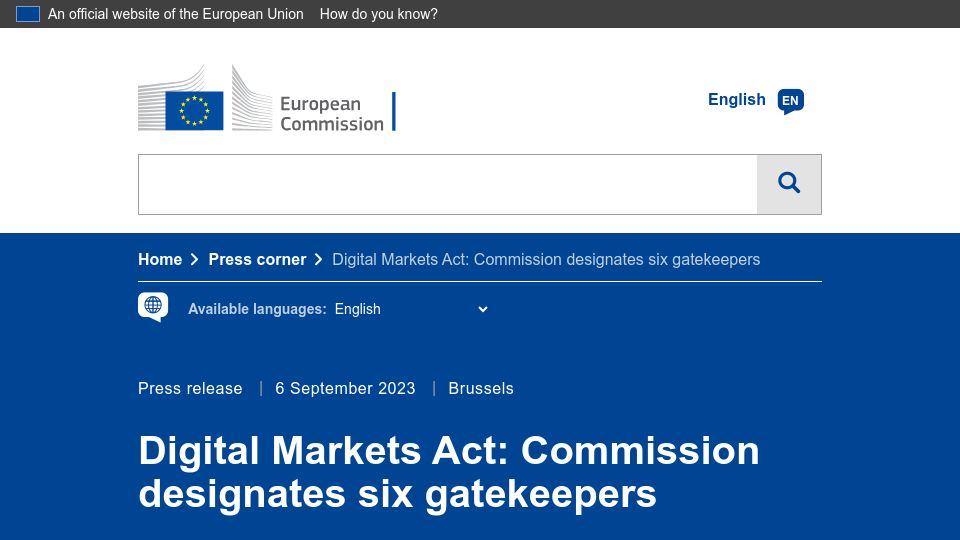 Screenshot of ec.europa.eu: Digital Markets Act: Commission designates six gatekeepers