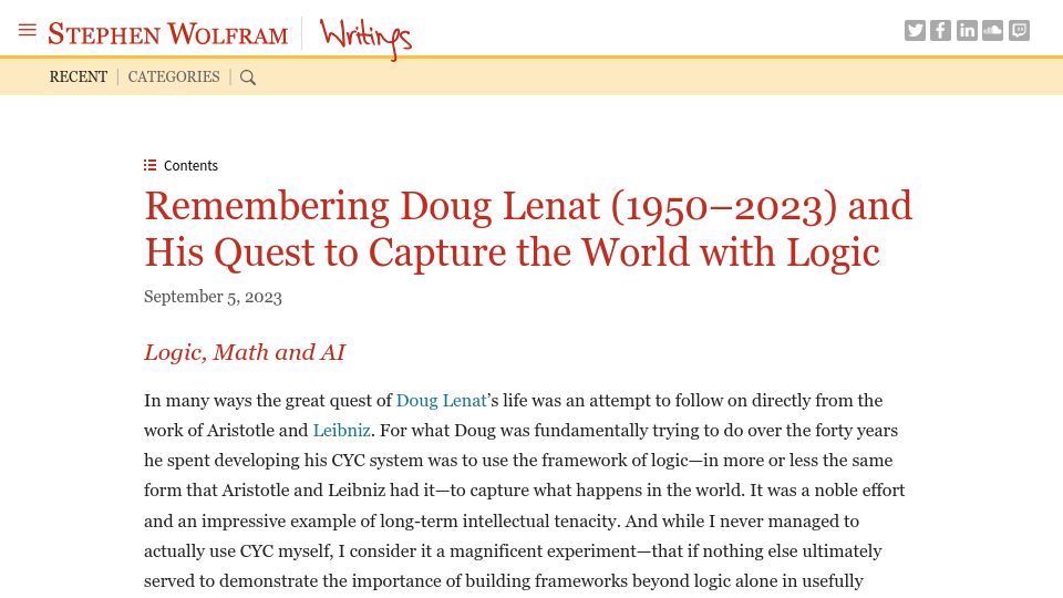 Screenshot of writings.stephenwolfram.com: Remembering Doug Lenat and his quest to capture the world with logic