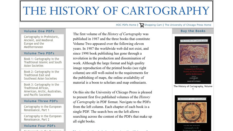 Screenshot of press.uchicago.edu: History of Cartography: Volumes One, Two, Three, Four, and Six (1987)