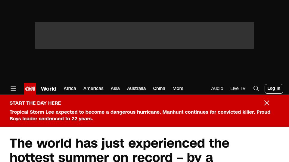 Screenshot of cnn.com: Northern summer was hottest on record by a significant margin