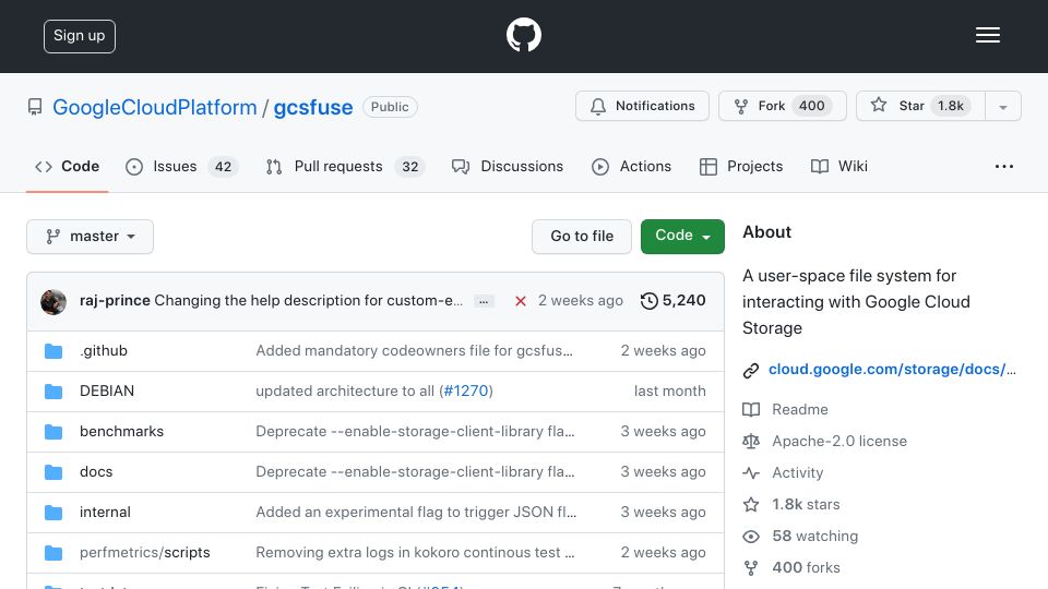 Screenshot of github.com: Gcsfuse: A user-space file system for interacting with Google Cloud Storage