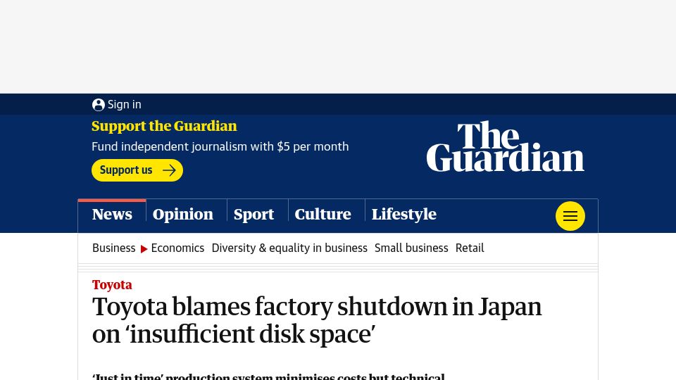 Screenshot of theguardian.com: Toyota blames factory shutdown in Japan on ‘insufficient disk space’
