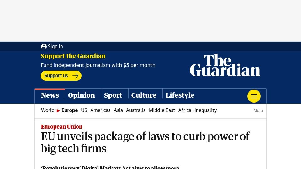 Screenshot of theguardian.com: EU unveils package of laws to curb power of big tech firms