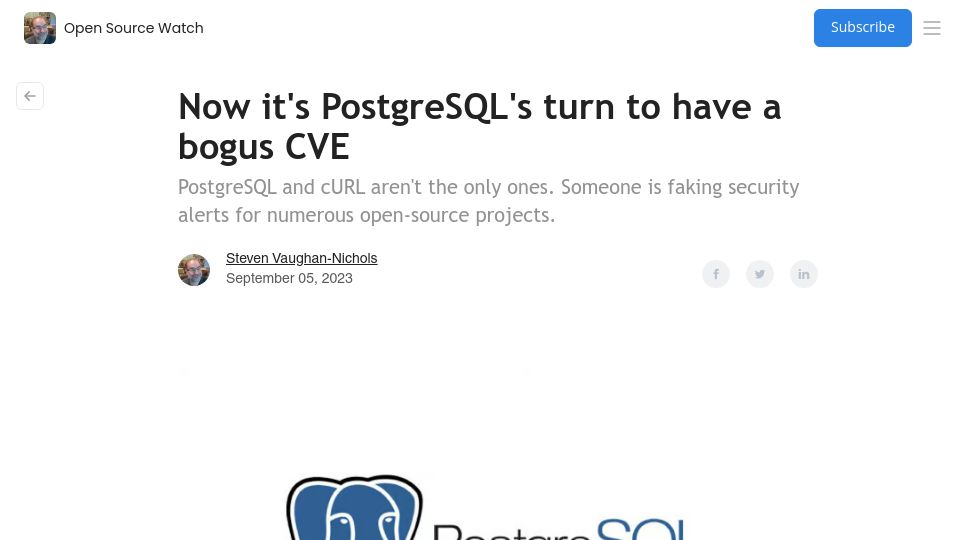 Screenshot of opensourcewatch.beehiiv.com: Now it's PostgreSQL's turn to have a bogus CVE
