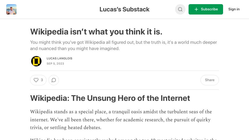 Screenshot of pallasblog.substack.com: Wikipedia hosting costs are 1.5% of revenue