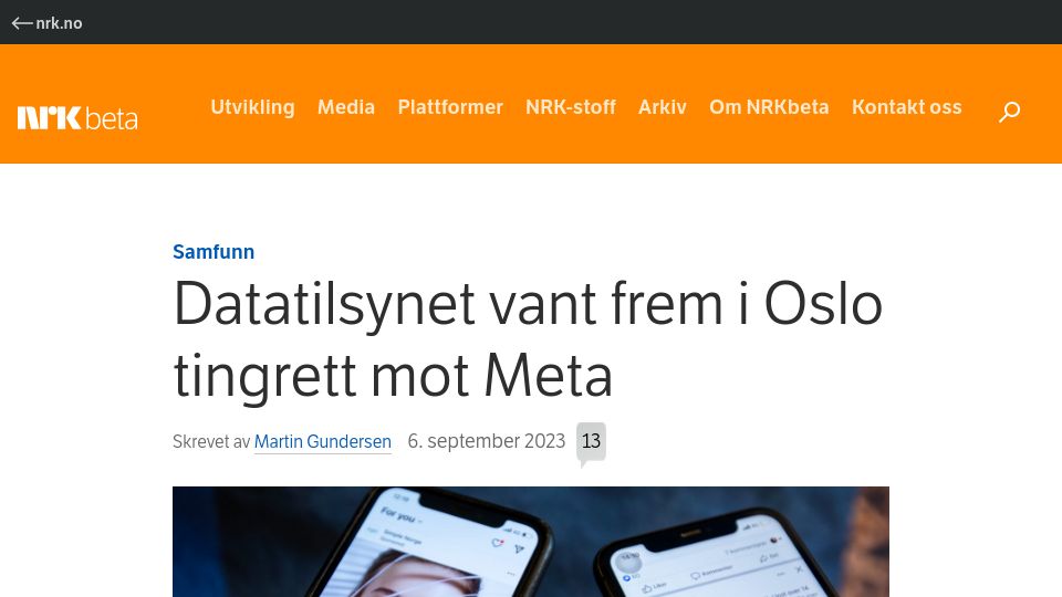 Screenshot of nrkbeta.no: Oslo district court rules Meta is violating the right to privacy (Norwegian)
