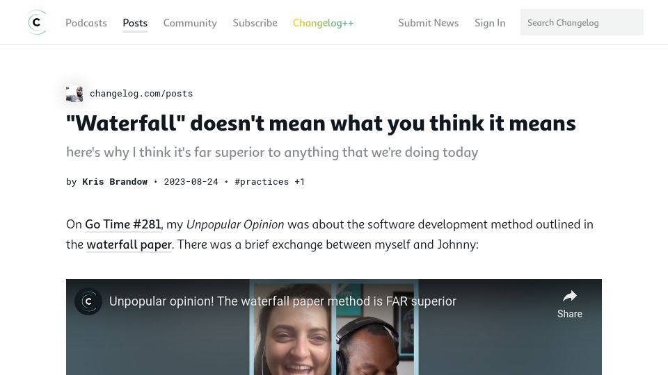 Screenshot of changelog.com: “Waterfall” doesn't mean what you think it means