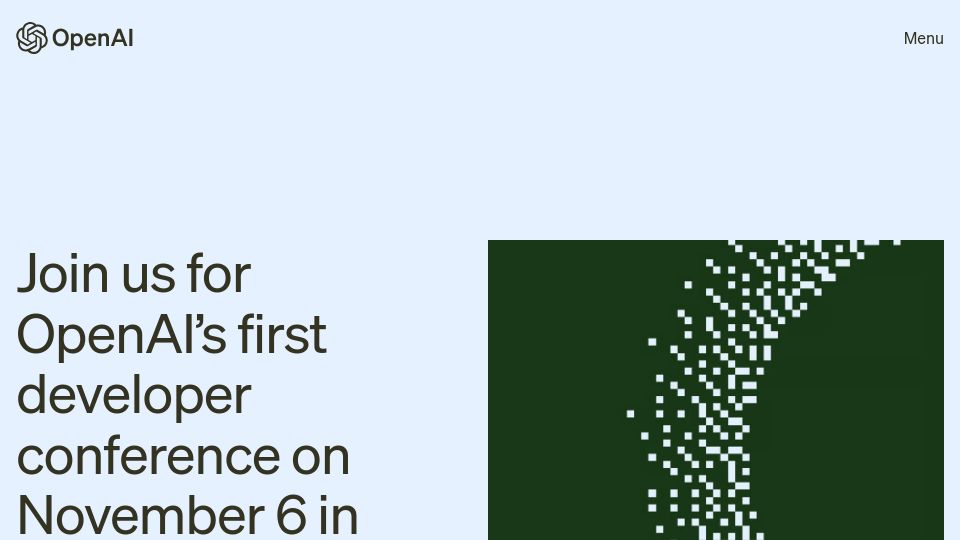 Screenshot of openai.com: Join us for OpenAI’s first developer conference on November 6 in San Francisco