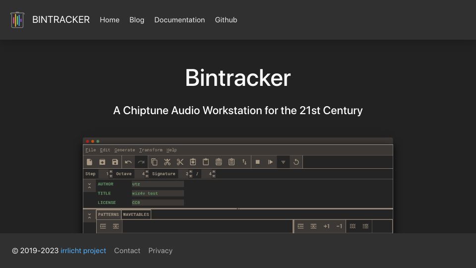Screenshot of bintracker.org: Bintracker: A chiptune audio workstation for the 21st century