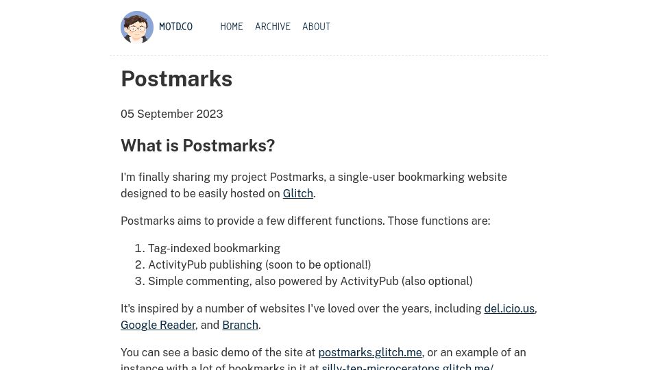 Screenshot of motd.co: Postmarks – A single-user, fediverse-enabled bookmarking website