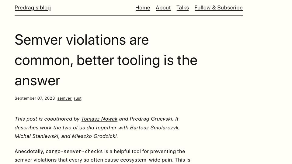 Screenshot of predr.ag: Semver violations are common, better tooling is the answer