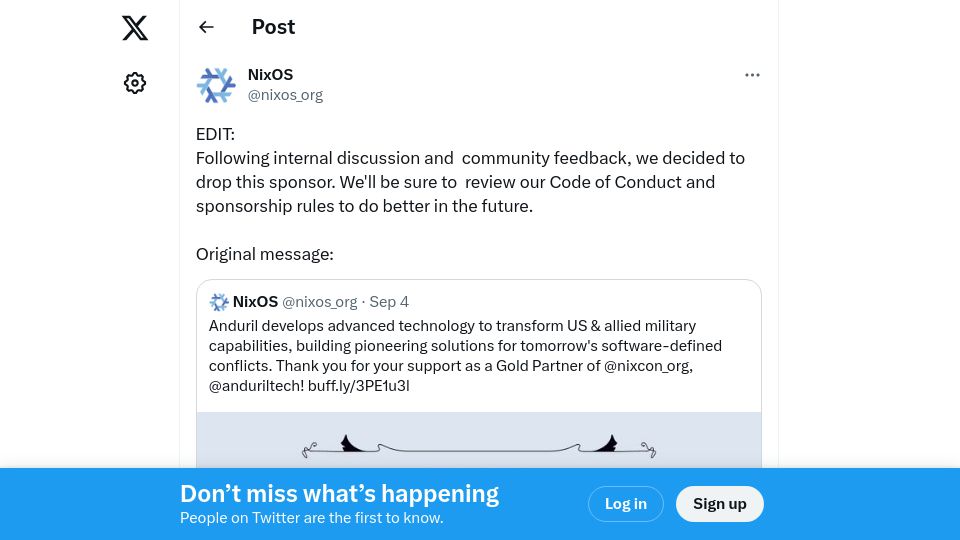 Screenshot of twitter.com: NixOS just dropped Anduril as a NixCon sponsor