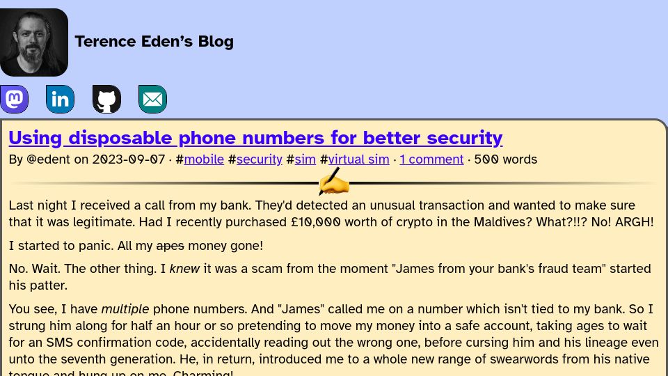 Screenshot of shkspr.mobi: Using disposable phone numbers for better security