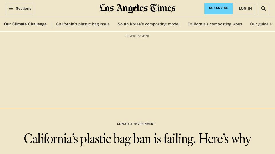 Screenshot of latimes.com: California's plastic bag ban is failing