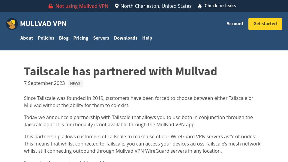 Screenshot of mullvad.net: Tailscale Has Partnered with Mullvad