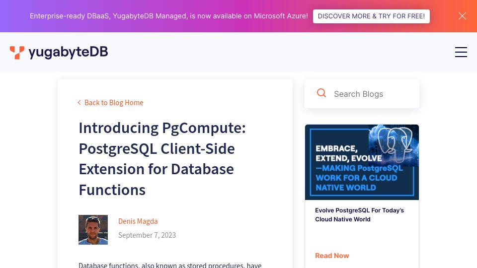 Screenshot of yugabyte.com: PgCompute: New PostgreSQL Client-Side Extension for Database Functions