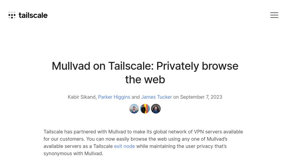Screenshot of tailscale.com: Mullvad on Tailscale: Privately browse the web