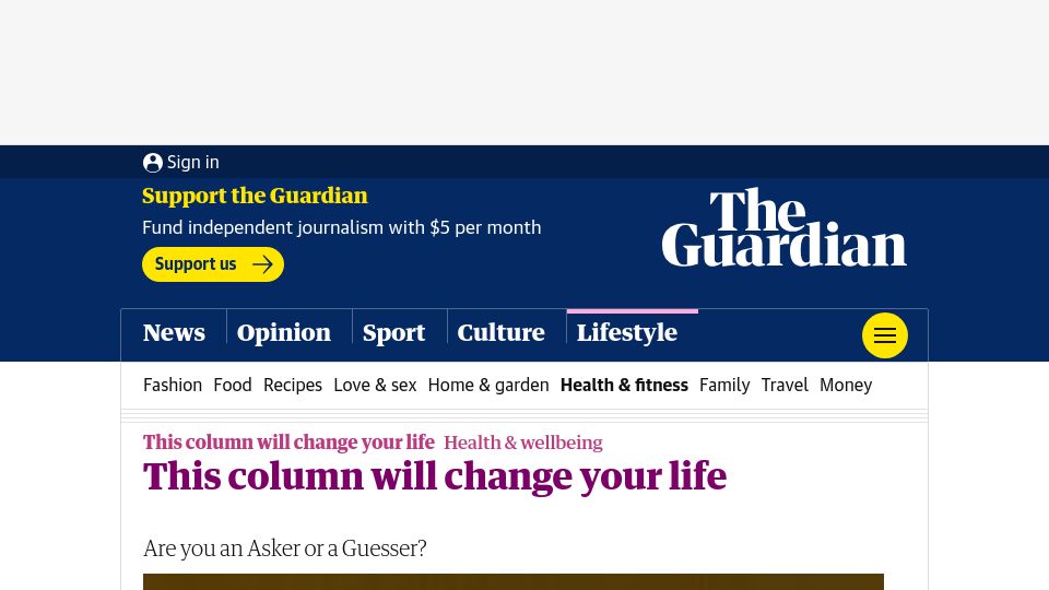 Screenshot of theguardian.com: Are you an Asker or a Guesser? (2010)