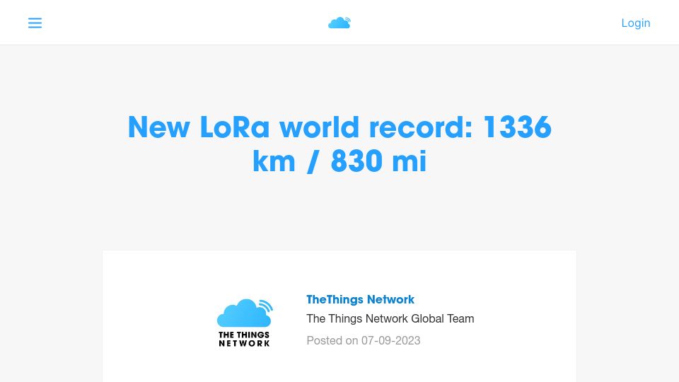 Screenshot of thethingsnetwork.org: New LoRa RF distance record