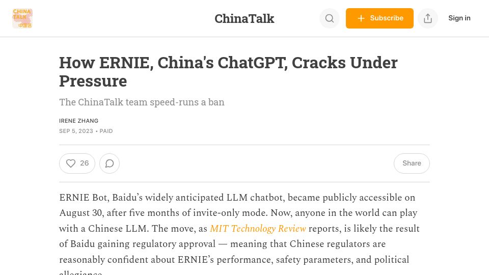 Screenshot of chinatalk.media: Ernie, China's ChatGPT, Cracks Under Pressure